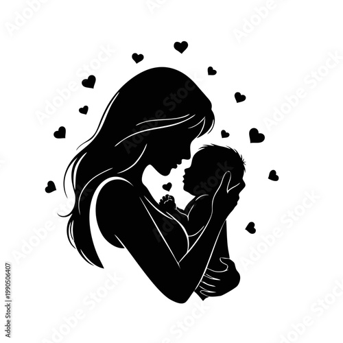 Mother tenderly holds and kisses baby surrounded by hearts lovingly