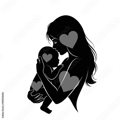 A woman tenderly holds and kisses a baby with hearts around them