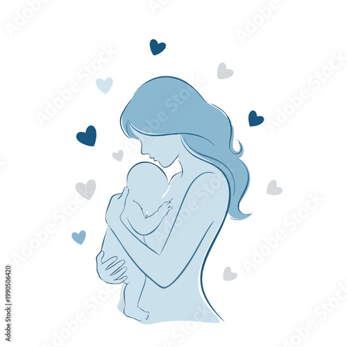 A mother tenderly holds and nurses her newborn baby surrounded by hearts
