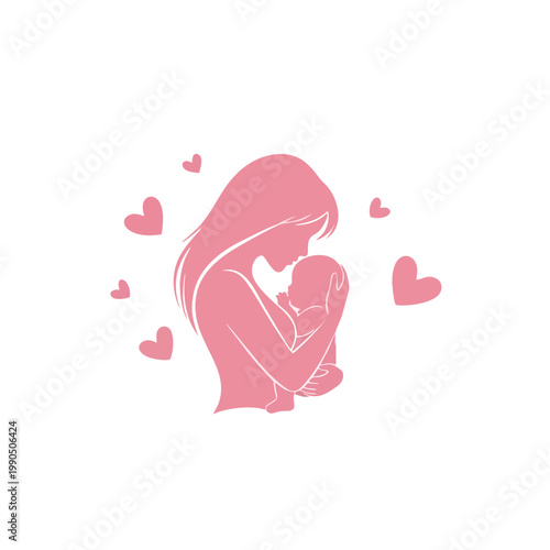 A mother tenderly holds her baby surrounded by hearts in love