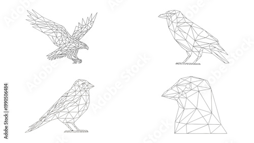 Geometric Avian Abstraction: An artistic illustration features a collection of polygonal representations of different bird species, showcasing modern design elements.