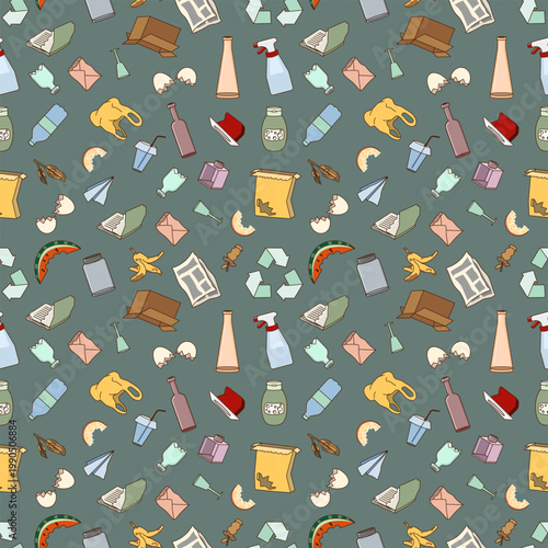 Colored Mixed Waste and Recycling Seamless Pattern