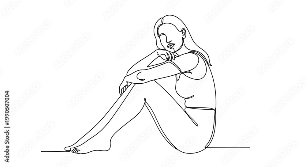 Obraz premium Woman sitting in thoughtful pose sketch with line art contemplative thoughtful illustration