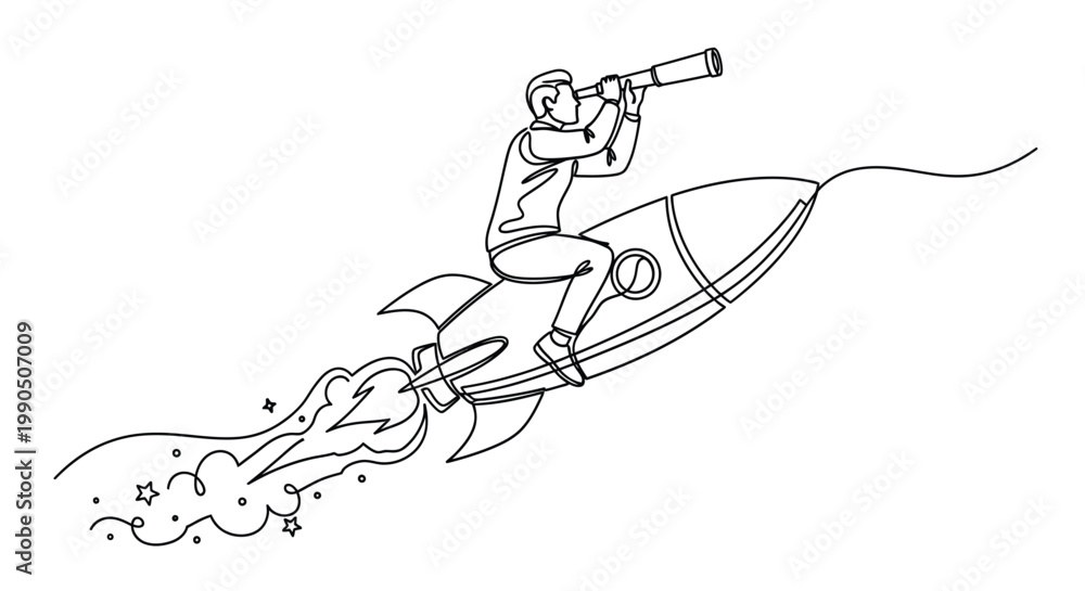 Fototapeta premium Man riding rocket with telescope sketch line art telescope exploration illustration ambition