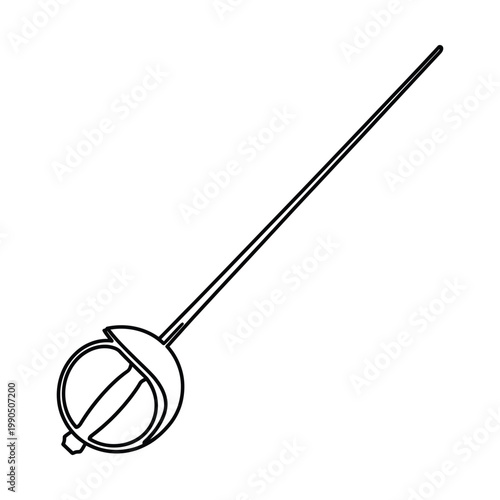 A simple black and white line art drawing of a classic rapier sword, featuring a long, slender blade and a protective hilt.