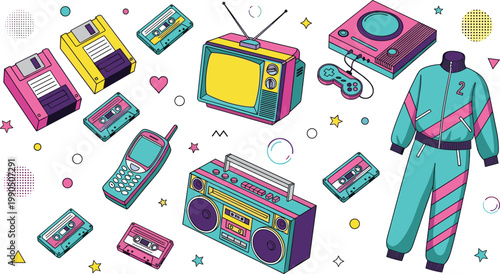 Retro 80s Style Collection with Vintage Electronics, Cassette Tapes, Boombox, TV and Tracksuit Fashion for Nostalgic Pop Culture Vector Illustration.