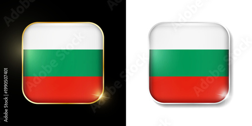 Bulgaria flag shiny golden and silver icons isolated on black and white. Vector 3D square rounded illuminated buttons with shadow. Use for bets, tournament, olympic and sport games