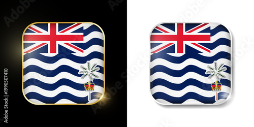 British Indian Ocean Territory flag shiny golden and silver icons isolated on black and white. Vector 3D square rounded illuminated buttons. Use for bets, tournament, olympic and sport games