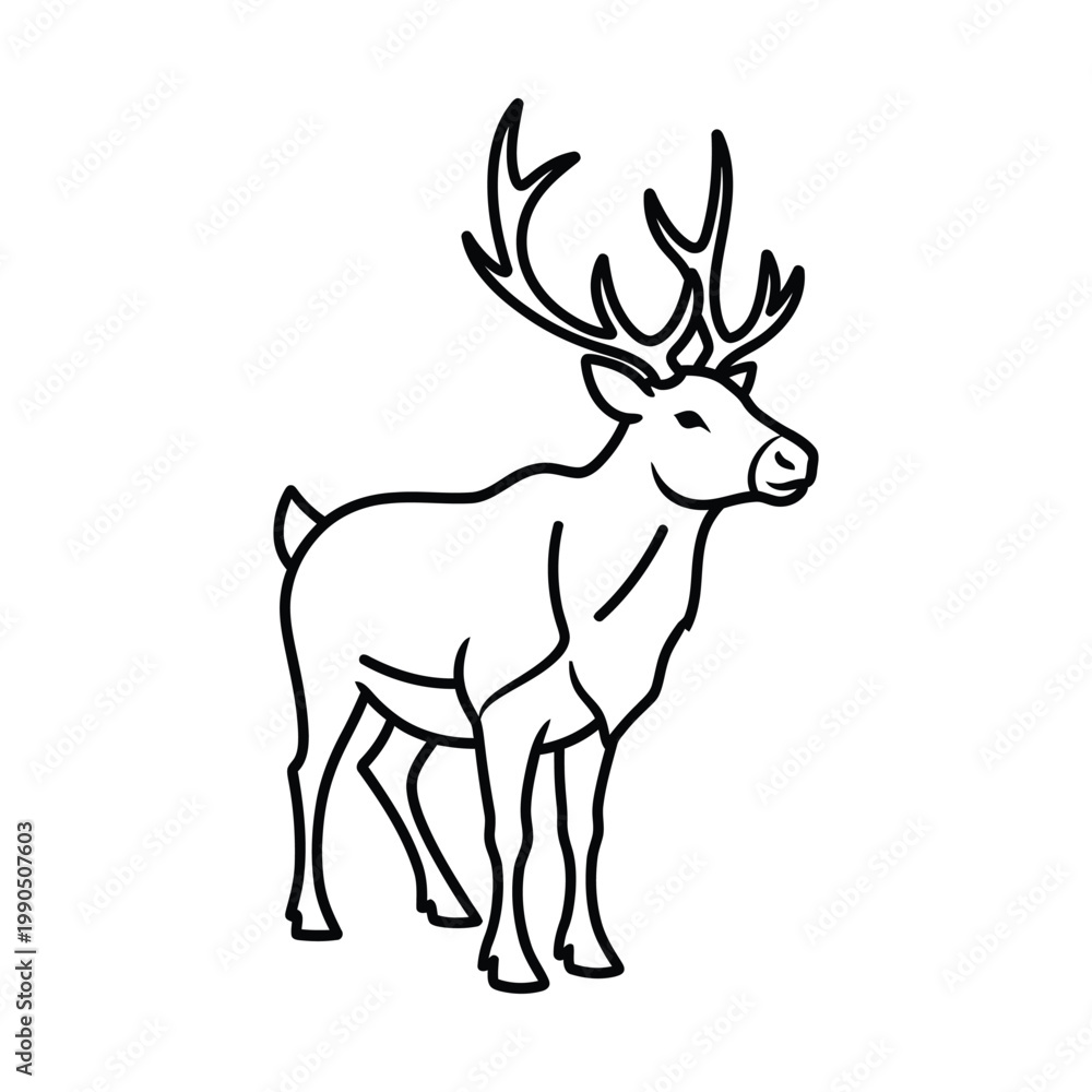 Fototapeta premium Simple black and white line art illustration of a standing reindeer with large antlers, depicted in profile view.
