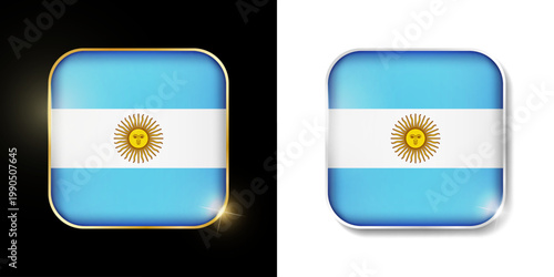 Argentina flag shiny golden and silver icons isolated on black and white. Vector 3D square rounded illuminated buttons with shadow. Use for bets, tournament, olympic and sport games