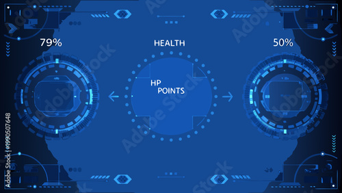 Futuristic user interface displaying health and hp points with circular gauges and percentages