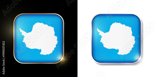 Antarctica flag shiny golden and silver icons isolated on black and white. Vector 3D square rounded illuminated buttons with shadow. Use for bets, tournament, olympic and sport games