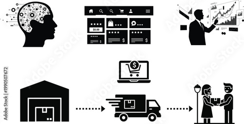 Conceptual illustration of modern life technology commerce and the human mind intertwined in a digital age