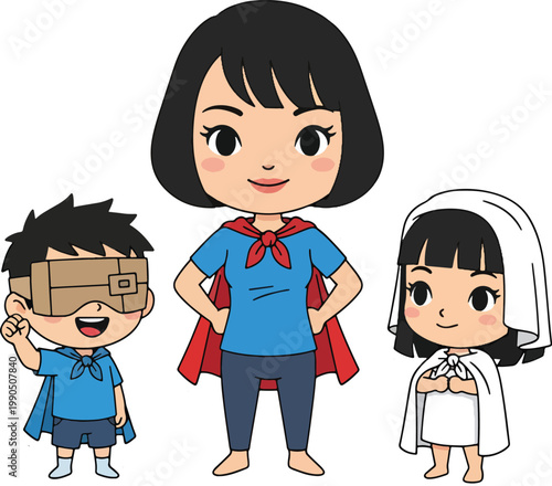 A mother and two children dressed in superhero costumes, one with a cardboard mask.