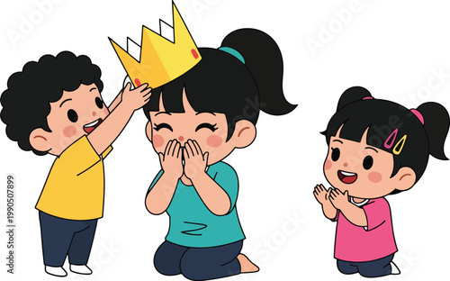 Children crowning girl with crown for mothers day celebration honoring mom.