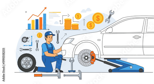 Mechanic inspecting car on lift with tools.