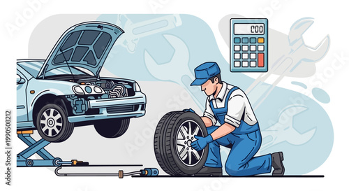 Mechanic repairing a car tire.