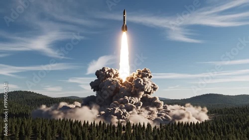 Rocket launching from a pine forest into a blue sky