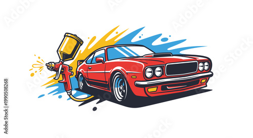 Red Muscle Car Auto Body Repair and Paint Spray Gun Vector Illustration with Artistic Color Splashes for Automotive Workshop Branding