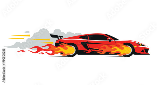 Red Sports Car Speeding with Fire Flames and Smoke Trails Vector Illustration for Racing Concept and Automotive Design Projects