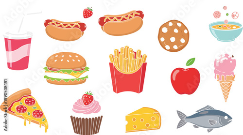 Fast food and snack icon set including burger, hotdog, pizza, fries, soda, ice cream, and dessert flat vector illustration collection