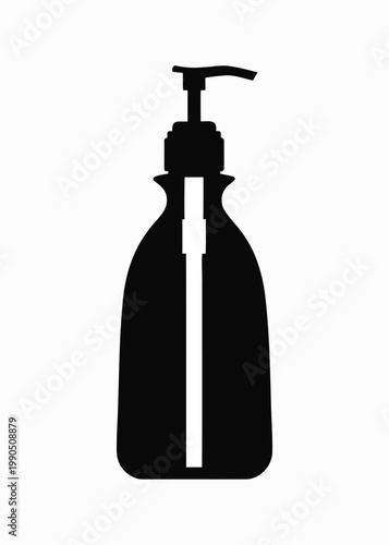 Black silhouette of a pump bottle with a vertical white stripe on a white background 