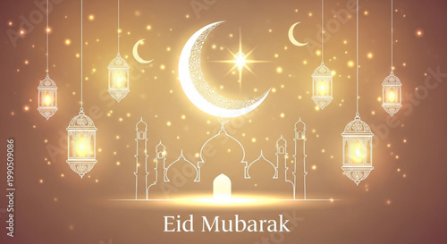 Glowing Eid Mubarak background with crescent moon mosque silhouette and lanterns festive celebration concept for Islamic holidays