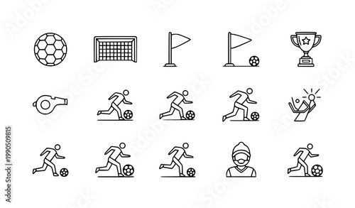 Minimal soccer icons black white line football symbols equipment and actions vector design