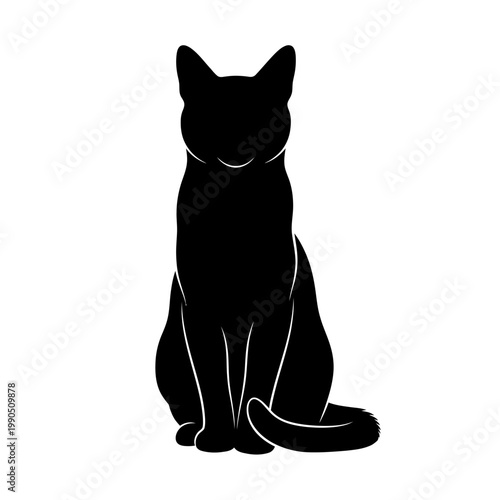 Black Cat Silhouette Sitting, Isolated on White Background