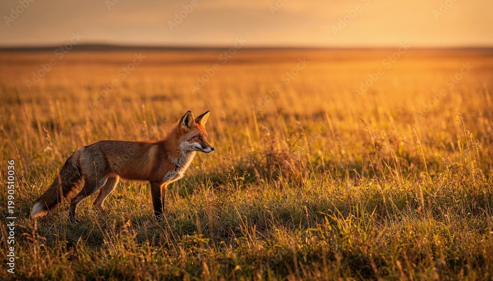Obraz premium Vibrant red fox stands alert in a sun-drenched golden grass field during a breathtaking sunset or sunrise, showcasing wildlife in natural habitat