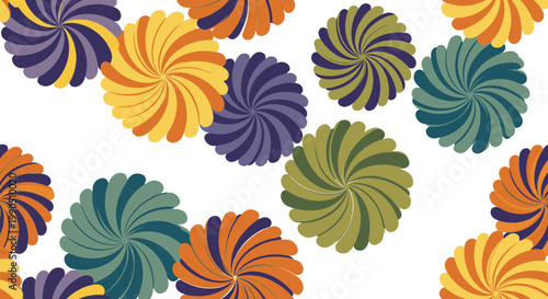 Retro Floral Swirl Pattern Vector Illustration with Colorful Abstract Spiral Flowers for Textile Design, Wallpaper Background, and Decorative Surface Print