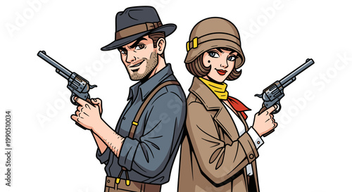 Retro Gangster Couple with Revolvers Vector Illustration, Vintage 1920s Noir Crime Duo Standing Back to Back, Classic Pulp Fiction Style Character Art