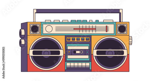 Retro Boombox Vector Illustration, Vintage 80s Portable Cassette Player Graphic for Music Design