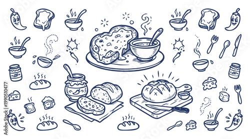 Vintage 1930s Cartoon Soup and Bread Set with Spicy Cheese Dip