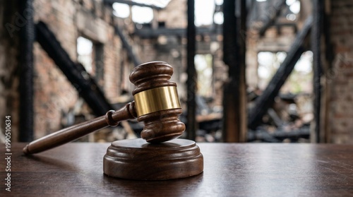 Wooden judge gavel in front of a burnt ruined house, fire damage and insurance claim concept