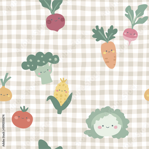 Cute seamless pattern with smiling vegetables on a soft checkered background. Adorable cartoon-style illustration featuring carrot, broccoli, tomato, corn, onion, and cabbage