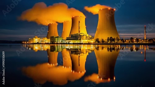 Nuclear Power Plant: A mesmerizing capture of a nuclear power plant, standing tall against the night sky, its colossal cooling towers emitting a warm glow reflected in the still water below.