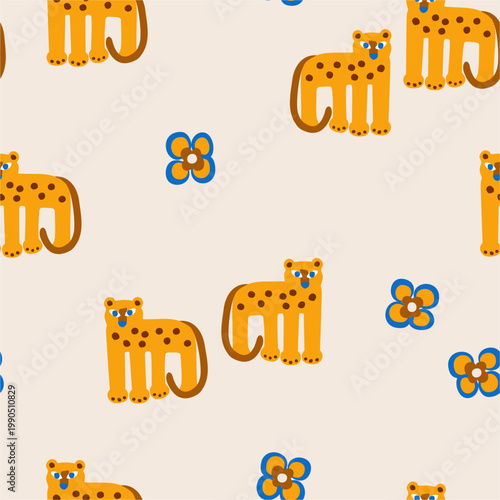 Photography Seamless pattern with cute leopards and blooming flowers
