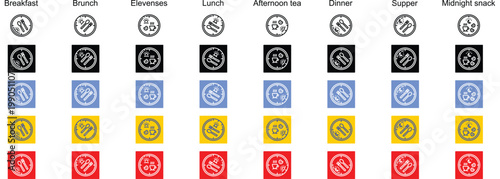 The Full Cycle Of Daily Dining banner web icon line outline color vector illustration of Breakfast, Brunch, Elevenses, Lunch, Afternoon tea, Dinner, Supper, Midnight snack
