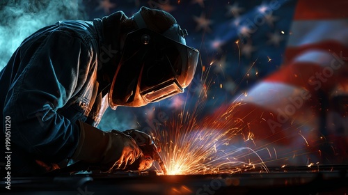Industrial welder sparks flying american flag background
