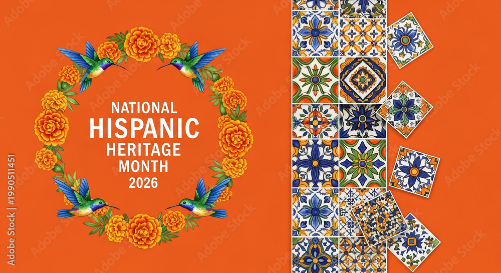Fototapeta premium Orange backdrop with marigold wreath, hummingbird and ceramic tile patterns representing Hispanic Heritage Month 2026, showcasing cultural vibrancy