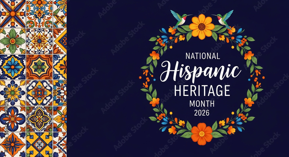 Fototapeta premium Decorative graphic with ornate tiles and floral wreath, celebrating national heritage, representing culture, festivity, and cultural pride