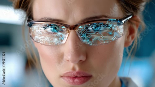 Visionary gaze with advanced eyewear: A focused individual wearing futuristic glasses with intricate tech reflections, embodying innovation and the future of vision.