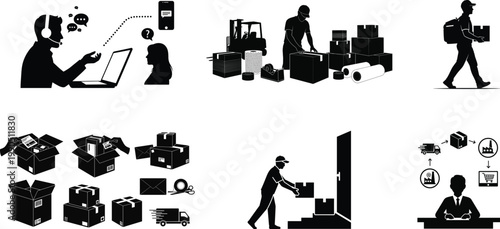 A collection of black silhouette icons depicting various airport and travel related activities and objects