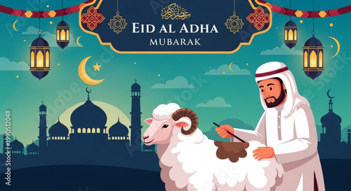 Eid al Adha Mubarak greeting card man in traditional clothing preparing sheep for sacrifice Islamic mosque silhouette festive lanterns a