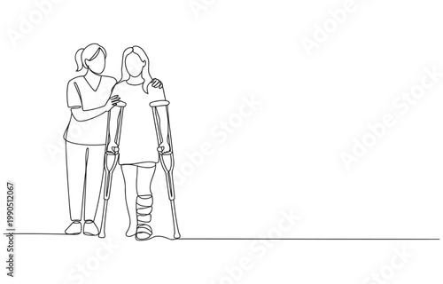 Nurse assists patient with crutches and leg cast walking aid line art physical therapy white background assistance crutches recovery healthcare rehabilitation disability orthopedic