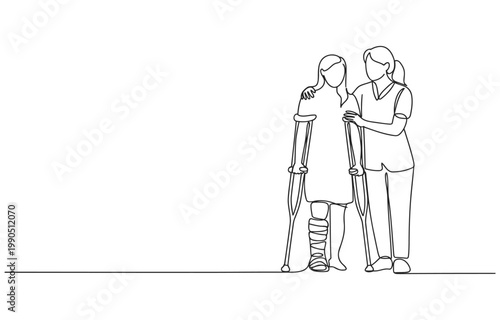 Medical caregiver supporting person with broken leg and crutches walking aid line art medical staff physical therapy white background caregiver crutches rehabilitation healthcare assistance
