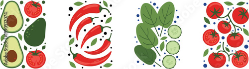 Fresh healthy vegetables collection with avocado, chili pepper, spinach, cucumber, and tomato organic food vector illustration set