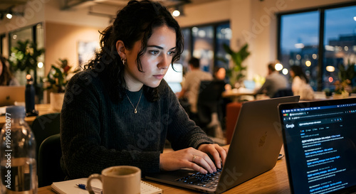 Focused young professional woman diligently typing on a laptop in a modern co-working office, immersed in technology development and digital workflow during evening hours