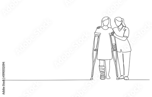 Woman helping another woman with crutches and leg cast medical concept walking aid line drawing white background physical therapy crutches assistance recovery rehabilitation healthcare